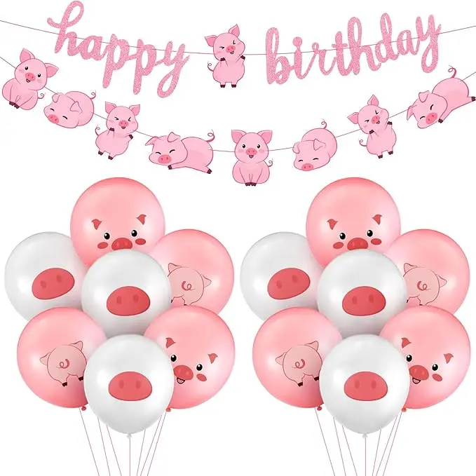Ballons et banderole cochons anniversaire